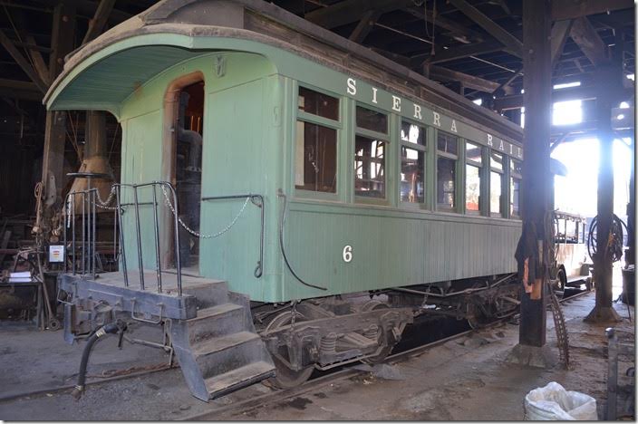 Coach was built in 1902 by W. L. Holman & Co. of San Francisco. It and sister 5, a combine, were built to 32 ft. in length to conserve room on the switchbacks of the Angels Branch. SRy coach 6.