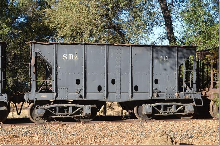 Before parking the car we encountered several vintage ore cars parked on the remnant of the Angels Branch (Jamestown to Angels Camp). This ore “jenny” was former Great Northern Ry. 74983. My guess is that it was built between 1897-1903. Sierra Railway acquired a bunch of these cars in 1924 for a dam construction project on the Stanisluas River. SRy hopper 113. Jamestown CA.