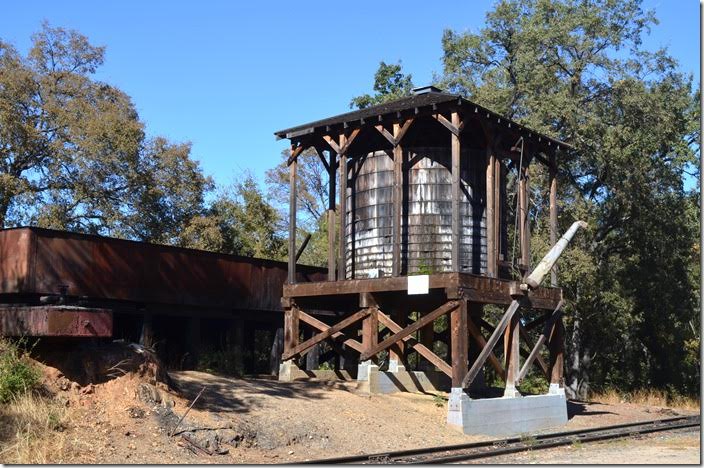 This water tank has been used as a prop in numerous movies and TV shows. It is most recognizable for its role in the TV series Petticoat Junction. It has been modified since, perhaps for safety reasons, so the three Bradley sisters can’t use it for bathing any more. That big tank in behind may be fuel oil for the locomotives. SRy tanks. Jamestown CA.