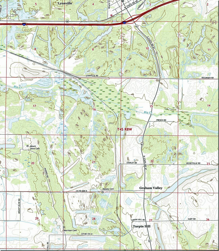 Turpin Hill road crossing is at the bottom. Wild Boar load-out is at the top left. Some of the old stripping can be seen from I-64. NYC served the Tecumseh Mine, but that track is gone. Indiana Southern may come into Wild Boar from under I-64. Peabody had an eclectic mix of H-16-44s, RS3s, GP7s, and SW1s that switched the plant and mines. Lynnville IN, 1:24,000 quad, 2019, USGS.