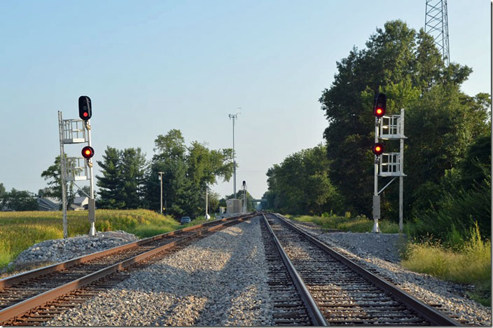 Forging on west before it got dark, I bounced off I-64 to check out CN’s Bluford yard. At South Bluford the signals were not favorable for any action soon. This is looking south with I-64 in the distance. CN Bluford IL.