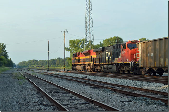 Looking north on the Bluford District. It is hard to see, but Norfolk Southern’s Louisville to St. Louis line crosses the former IC at the north end of the yard. CN Bluford IL. KCS 4043-CN 2920.