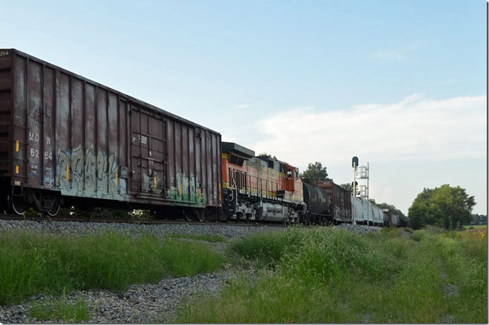 BNSF DPU 4660 in the middle. S Bluford IL.