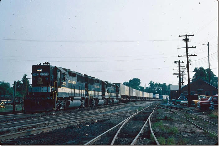 GP50s 7003-7051 and SD40-2 3122 are waiting to leave Monroe Va. with southbound freight No. 173. Southern Ry. Lynchburg VA.