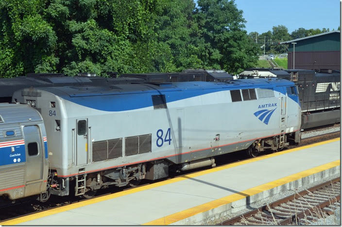 Amtrak P42DC 84. The track in the lower right corner was where the train was parked before its run was extended to Roanoke. That NS freight was parked on Main 2 for over a day. View 2. Lynchburg VA.