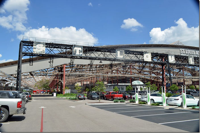 Part of the iconic signal bridge that crossed in front of the huge train shed. Note the charging spots for electric vehicles. St Louis Union Station.