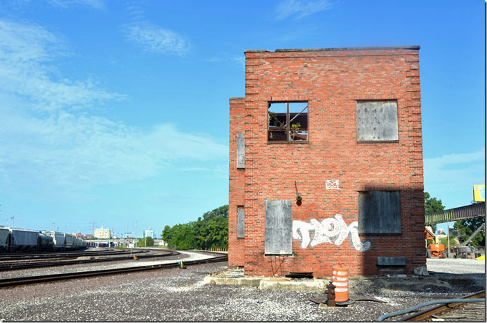 Former Terminal Railroad Association of St. Louis (TRRA) Perry Tower looking west. This huge interlocking plant controlled the wye entrance to the union station which is to the right. St Louis MO.