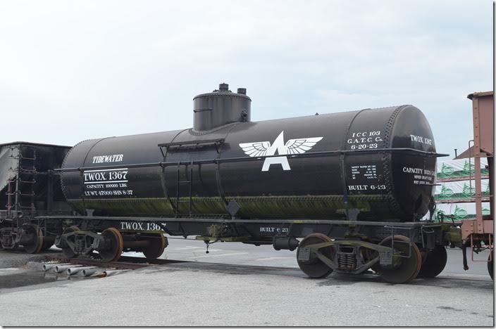 Tidewater Oil Co./Getty Oil Co. was built by General American Tank Car Corp. in 1923. It was acquired in 2004 after serving as an engine fuel car for CNJ and NJDOT. TWOX tank 1367. View 2. Strasburg.