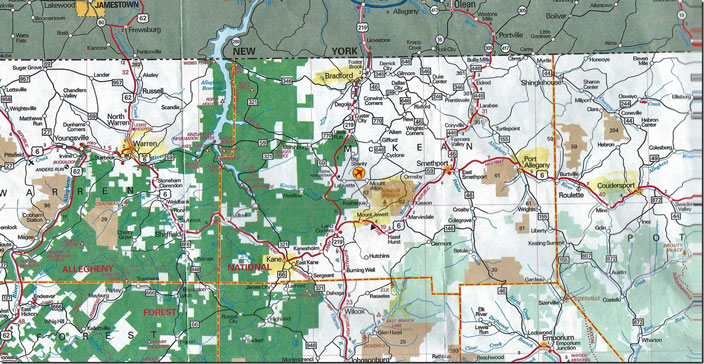 The towns we visited are highlighted in yellow. Routes were US 62, US 6, and US 219. PA road map Warren-Coudersport.