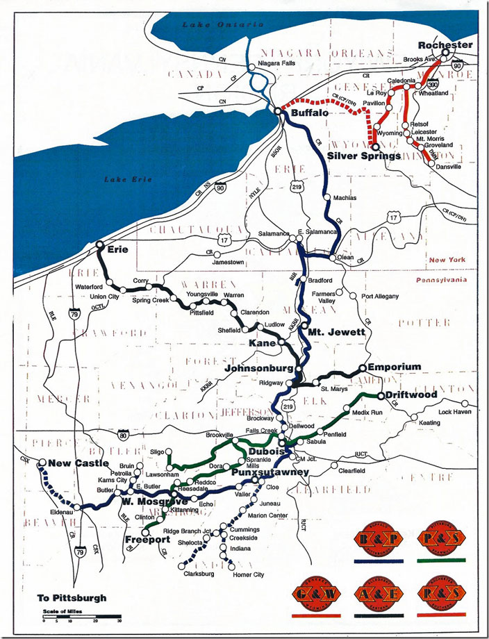 B&P ran over CSX’s P&W Sub. from Eidenau to New Castle yard. NS controlled the Indiana coal branches. From G&W #2. 1999.