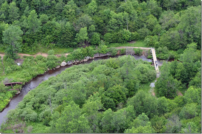 The Kinzua Creek Trail. Yes, a railroad once ran under this bridge – the Mt. Jewett, Kinzua & Ritterville RR circa 1889. Kinzua Bridge State Park PA.