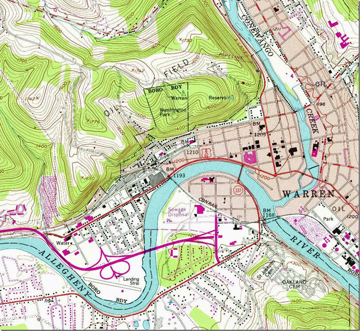 You can see the bridge and the B&P yard just around the curve to the west. The track extending on up through town – the former NYC Dunkirk-Titusville line -- is no longer there. Warren, PA, 1:24,000 quad, 1954, USGS.