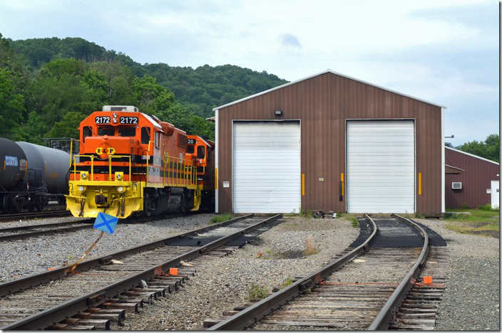 BPRR 2172. Enginehouse. The crew parked their engines beside the shop and went off duty. Warren PA. The sun broke through.