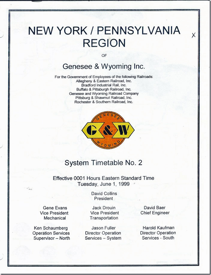 Genesee & Wyoming system timetable #2. Cover. 1999.