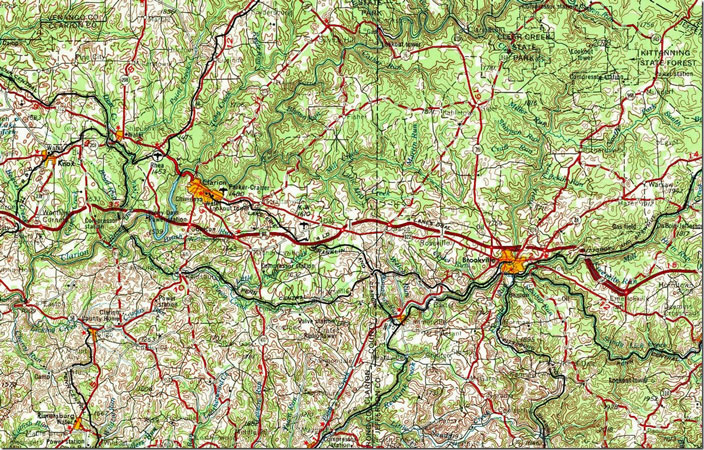 Just west of Brookville the LEF&C connected with the Pennsy Low Grade line. Just north at Sutton it connected with the NYC LF&C branch. The LF&C under that corporate name existed from 1913 until 1993. The short line was 15 miles plus some branches. This 1:250,000 scale is from 1967. Warren, PA-NY, 1:250,000 quad, 1957, USGS.