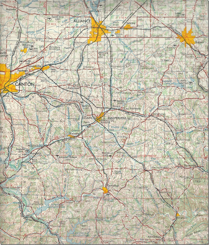 You can get the general idea of the location of Minerva and Alliance from this map. Generally they are east of industrial Canton. USGS Canton Quad. Click here for a larger map image.