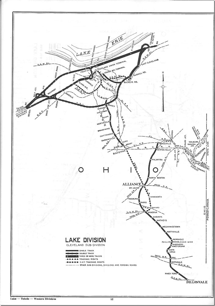 My main interest in Minerva was the old NYC Alliance Branch that extended southeast to the coal producing area around Piney Fork and the interchange with the W&LE/NKP at Dillonvale. NYC used 2-6-6-2 Mallets on this line. The old NYC from Minerva through Freeburg to Alliance appears to be gone. It would have been parallel to Pennsy’s line. NYC Lake Div Cleveland SD map 1966.