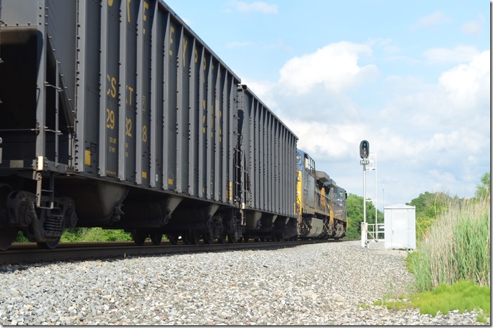 Note the “coke express” hoppers with the extended sides to handle more volume of the lighter coke. Authorized speed here is 55 m.p.h., and I am sure he was pushing it! This train will probably load at U. S. Steel’s coke plant at Clairton PA via the Union Railroad. CSX 562-354. Niles Jct OH.