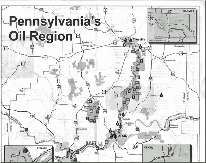 Oil Region map. Titusville Oil City.