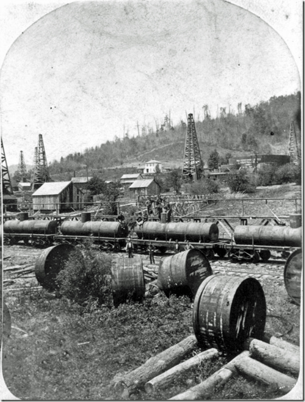 Metal tanks have replace the Densmore type cars. Note the discarded tubs or vats in the foreground. Densmore-2-PA-History-AOGHS.