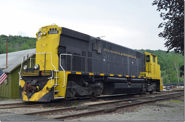 The train had arrived back at the depot. OC&T 3568 is a Montreal Locomotive Works model M420W built 09-1976. MLW built 88 of these units between 1973 and 1977, most of which went to CN. It has an ALCo 251C prime mover rated at 2,000 HP. This unit came via St. Thomas & Eastern but was originally CN. Titusville PA.