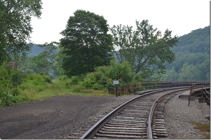 From “Bridge” looking northwest on the abandoned P-C, nee PRR Salamanca Br. “Bridge” tower would have been on this connection on the river side. Oil City PA. WNY&P bridge.