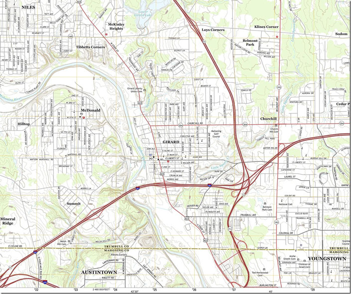 The PRR coal dock is located just north of I-80 and south of Liberty St. Larry’s is located just across the B&O at 2nd and Ohio Ave. in McDonald. Girard OH, 1:24,000 quad, 2013, USGS.