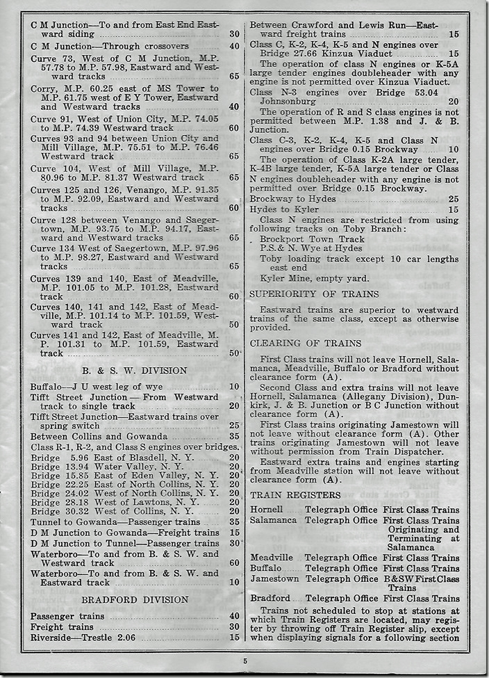 Note at the top of the right column that only certain K-class (Pacifics), N-class Mikes and C-class 0-8-0s could cross the spindly bridge at 15 m.p.h. R-class 2-10-2s and S-class Berkshires were prohibited. Erie Bradford 1943 timetable page 5.