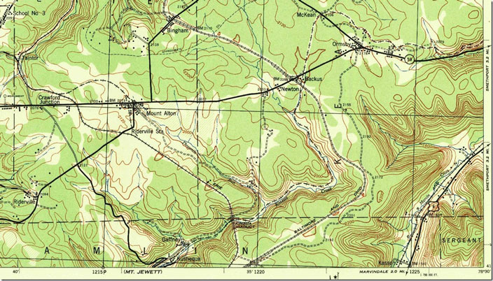 Bradford quad 1944 showing the nearness of the Erie and B&O at the bridge. That’s the Pittsburg, Shawmut & Northern RR on the lower right. Bradford, PA-NY, 1:62,500 quad, 1944, USGS.