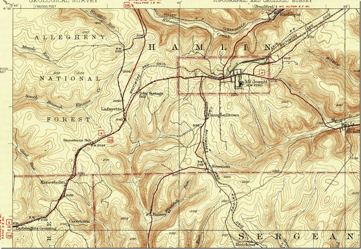 Mt. Jewett 62,500 scale quad for 1940. The railroad along Kinzua Creek is abandoned. B&O’s Northern Sub. goes southwest toward Kane from Mt. Jewett. The Buffalo Div. Main Line 2nd Subdivision goes south toward Hutchens and Brockway and north toward Bradford. Mt. Jewett, PA, 1:62,500 quad, 1940, USGS.