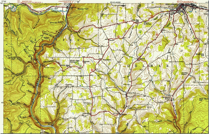 North end of Pine Creek Gorge from Antrim quad, 1:62,500 scale for 1946. The B&O (former B&S) interchanged with the NYC at Ansonia. Antrim, PA, 1:62,500 quad, 1946, USGS.