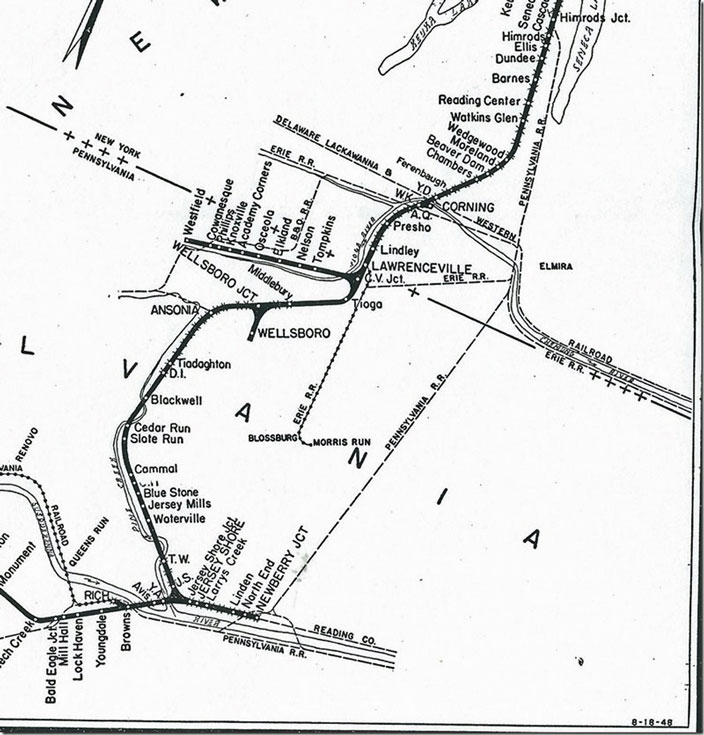 NYC Pennsylvania Div. map in 1951 emp. tt. Ansonia to DI through the gorge is shown as double track. NYC Pa Div map 1951.