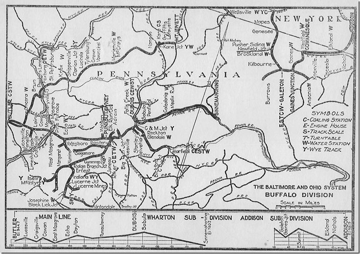 By 1953 B&O had abandoned former B&S line southwest to Wharton and the Susquehanna valley at Sinnemahoning. Former B&S 2-8-0s stayed on the line, and I doubt a B&O diesel every ran there. The orphaned Galeton cluster became the Wellsville, Addison & Galeton short line railroad which ran from 1956 until 1979. B&O #35 1953 Wharton Addison Northern.