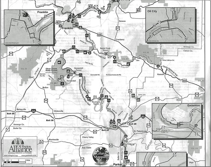 Bottom half of the oil region map that I inserted previously. Pay special attention to the Sandy Creek Trail (former NYC) at the end of Belmar Road and the Allegheny River Trail (former PRR). The Samuel Justice Trail out of Franklin would also be PRR. Oil Region map Belmar Franklin.