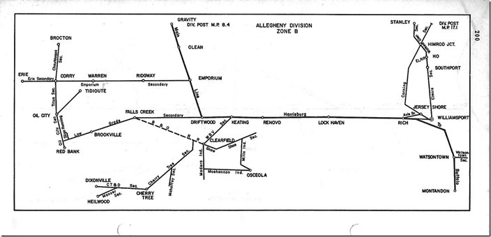 In this timetable ca. 1974 the PRR lines from Brocton to Red Bank are intact. The Salamanca Br. up the scenic Allegheny River from Oil City to Warren has been severed at Tidioute. PC Allegheny Div map