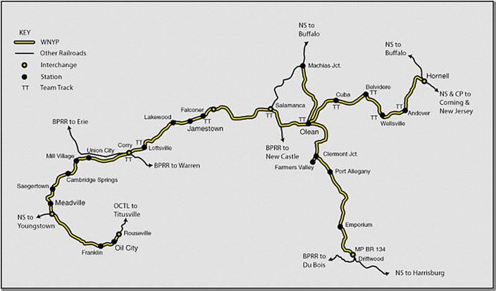 Map of the Western New York & Pennsylvania Railroad. The line from Meadville to Hornell NY is the former Erie-Lackawanna, nee-Erie main line. Driftwood to Machias Jct. is former NS nee-PRR Buffalo Line. Meadville (Buchanan) to Oil City is former E-L with a short segment of the PRR to Rouseville.