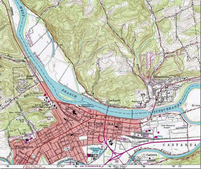 Note the Piper Memorial Airport. The Piper aircraft factory was located here and is a museum now. There is a huge display of Piper “Cubs.” Lock Haven PA. 1:24,000 quad, 1965, USGS.