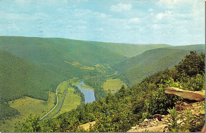 The Pine Creek valley near Jersey Shore. This roadbed is the Pine Creek Rail Trail now...all 62 miles from Wellsboro Jct. to Jersey Shore. NYC scene Pine Creek valley near Jersey Shore.