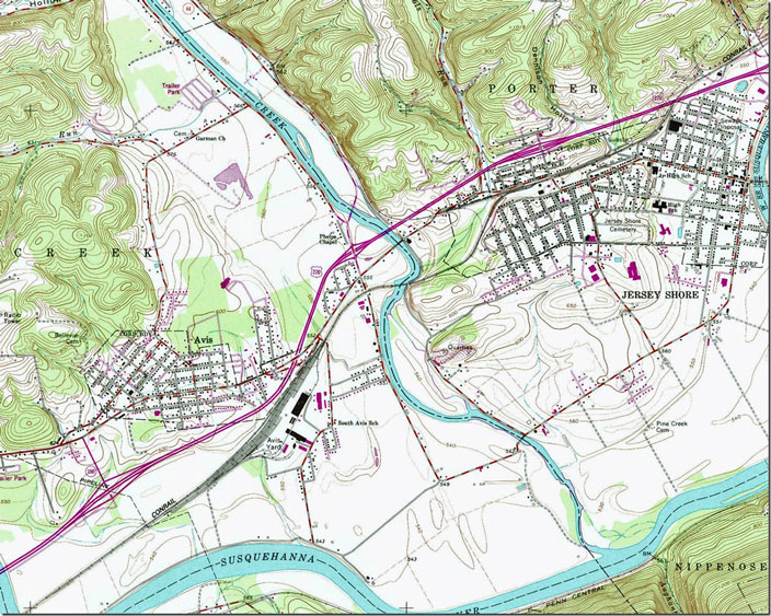 A more contemporary view from the Jersey Shore 1:24,000 scale 1965 updated to show Conrail, the 4-lane highway and the absence of the Corning Branch. They didn’t update “Penn Central” on the south bank of the river which is the PRR Buffalo line. Jersey Shore PA, 1:24,000 quad, 1965, USGS.