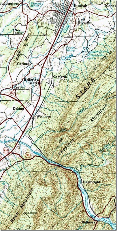 Etowah was a large L&N yard and crew change point between Corbin and Atlanta. Etowah was also the origin for the freight trains that plied the old “Hook and Eye Division”. Cleveland, TN-NC, 1:100,000 quad, 1981, USGS.