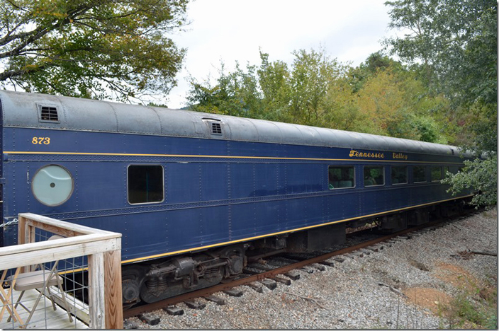 We rode in this former Missouri Pacific car. It came out of AC&F in 1947 as a “grill car.” Illinois Central acquired 873 and converted it to a “table car.” TVR 873 1478 ex-MP coach. Delano TN.