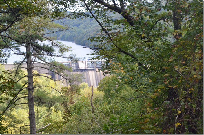 TVA’s (Tennessee Valley Authority) Apalachia Dam was built in 1943 to provide hydroelectric power for aluminum production. The track is in Tennessee, but the dam is in North Carolina. TVR.