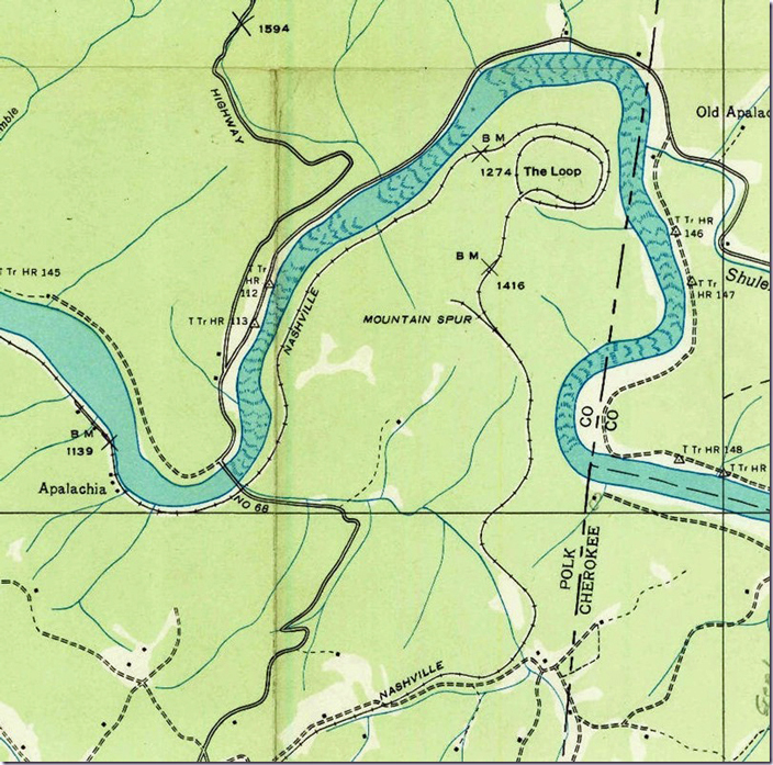 USGS 1:24,000 scale Farner Quad from 1936. The dam hasn’t been constructed yet. Farner, TN-NC, 1:24,000 quad, 1936, USGS.