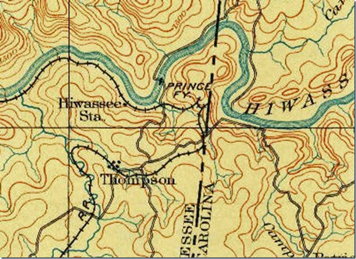 USGS 1:125,000 scale Murphy Quad from 1893. The Marietta & North Georgia Ry. utilized a pair of switchbacks to drop into the Hiwassee gorge. Passenger service between Knoxville and Atlanta was inaugurated in 1890 when construction was completed. The dangerous switchback was eliminated in 1898 by the loop around Bald Mountain. Murphy, TN-NC, 1:125,000 quad, 1893, USGS.