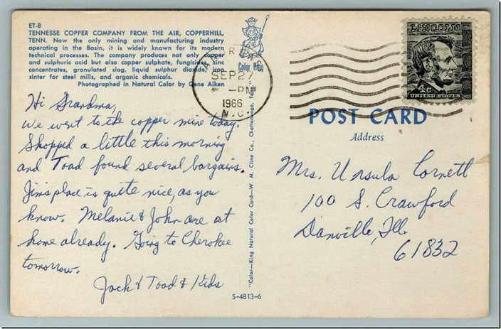 Tenn Copper Co aerial view 1966. Postcard address side.