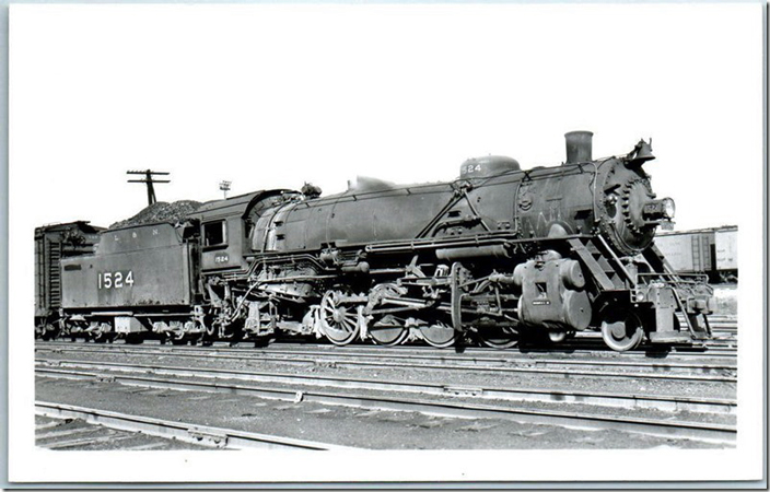 L&N No. 1524 is typical of the J-3 2-8-2s that operated over the line. Pictured at East St. Louis in 1948.