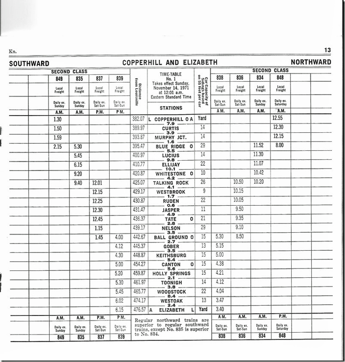 Schedules for the rest of the “Hook & Eye” in 1969. L&N emp tt 1971.
