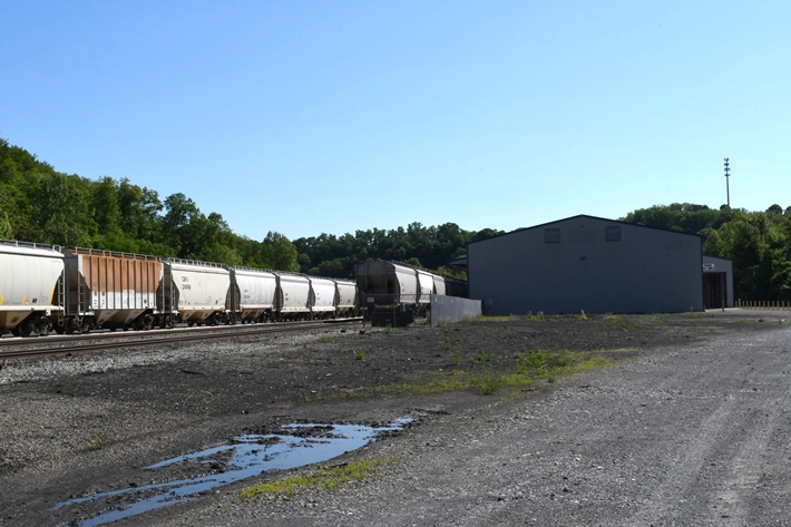 A unit train of small covered hoppers at Tidewater Logistics.