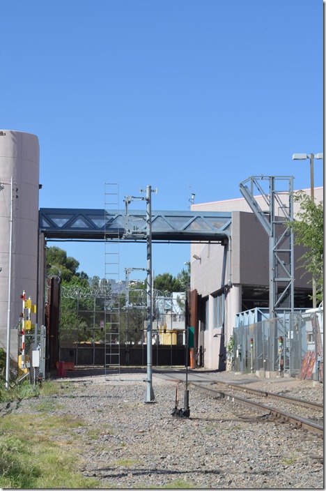 Union Pacific track from Tucson at the junction point with Mexican railroad Ferromex. That’s X-Ray equipment to scan the two trains each way daily that pass through here. Saturday morning, April 27, 2019. UP border gate. Nogales AZ.