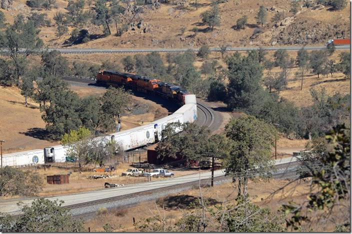 BNSF 7800-6746-CSX 596-3841 rounding the Tehachapi Loop at Walong with an eastbound.